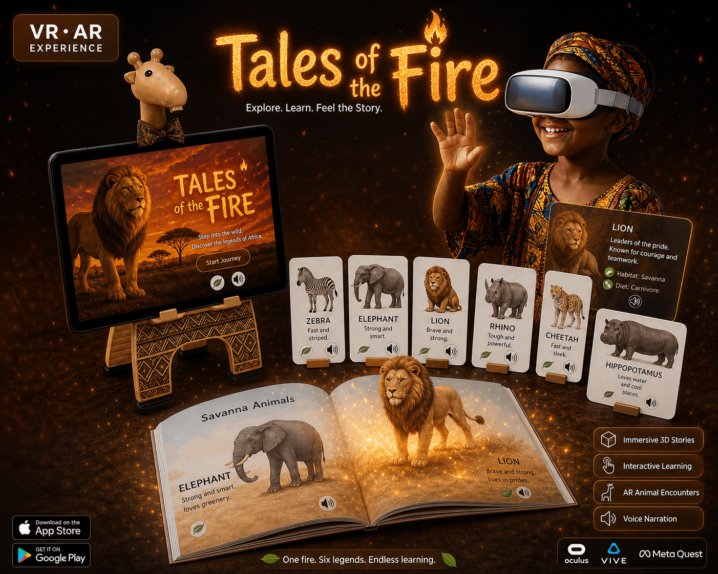 A child wearing a VR headset, smiling, with a tablet on a carved stand and AR animal fact-cards fanned out on the table in front of her