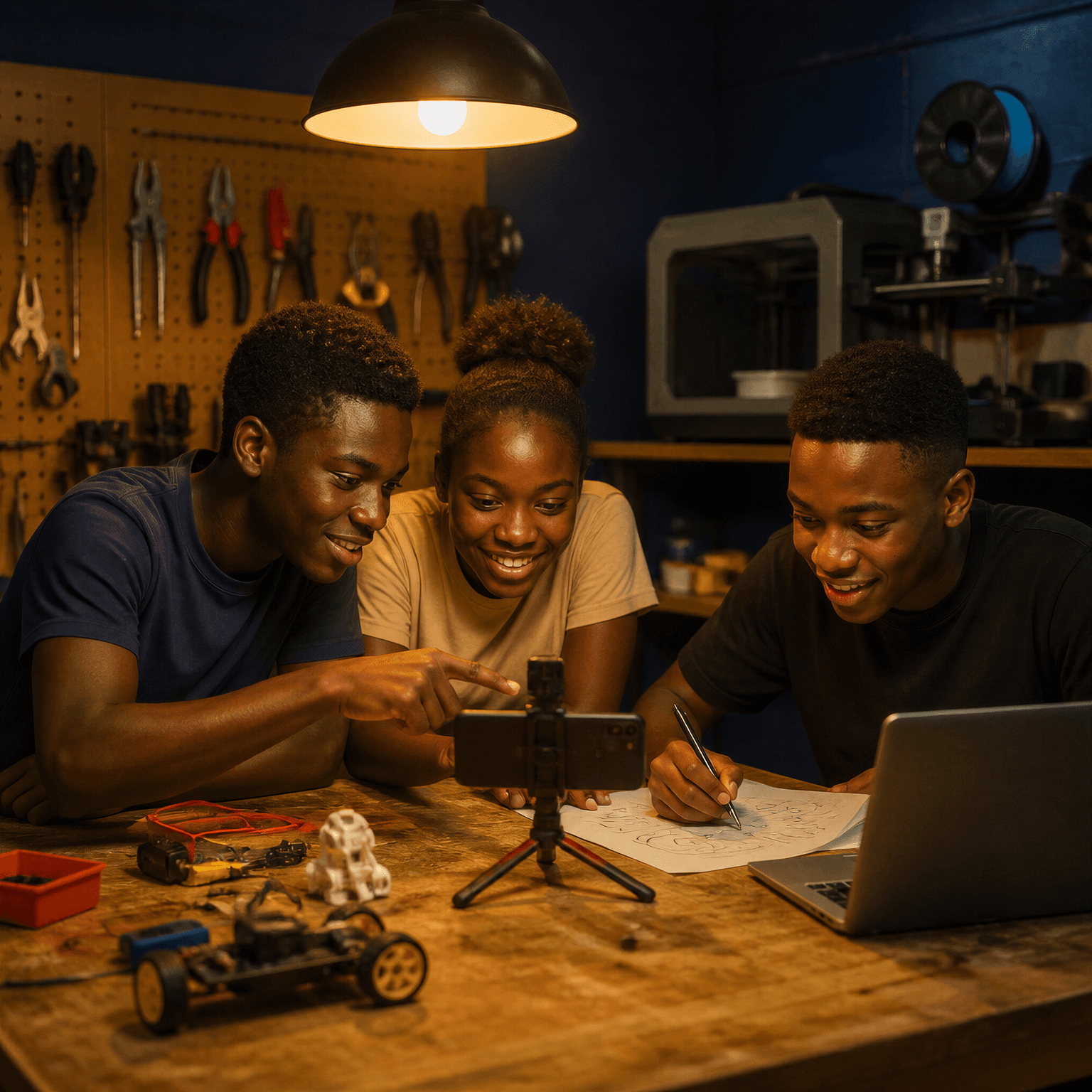 Three teenagers collaborating at a maker-space workbench under a warm pendant lamp, pointing at a phone on a small tripod beside a laptop, sketches and robot parts on the bench