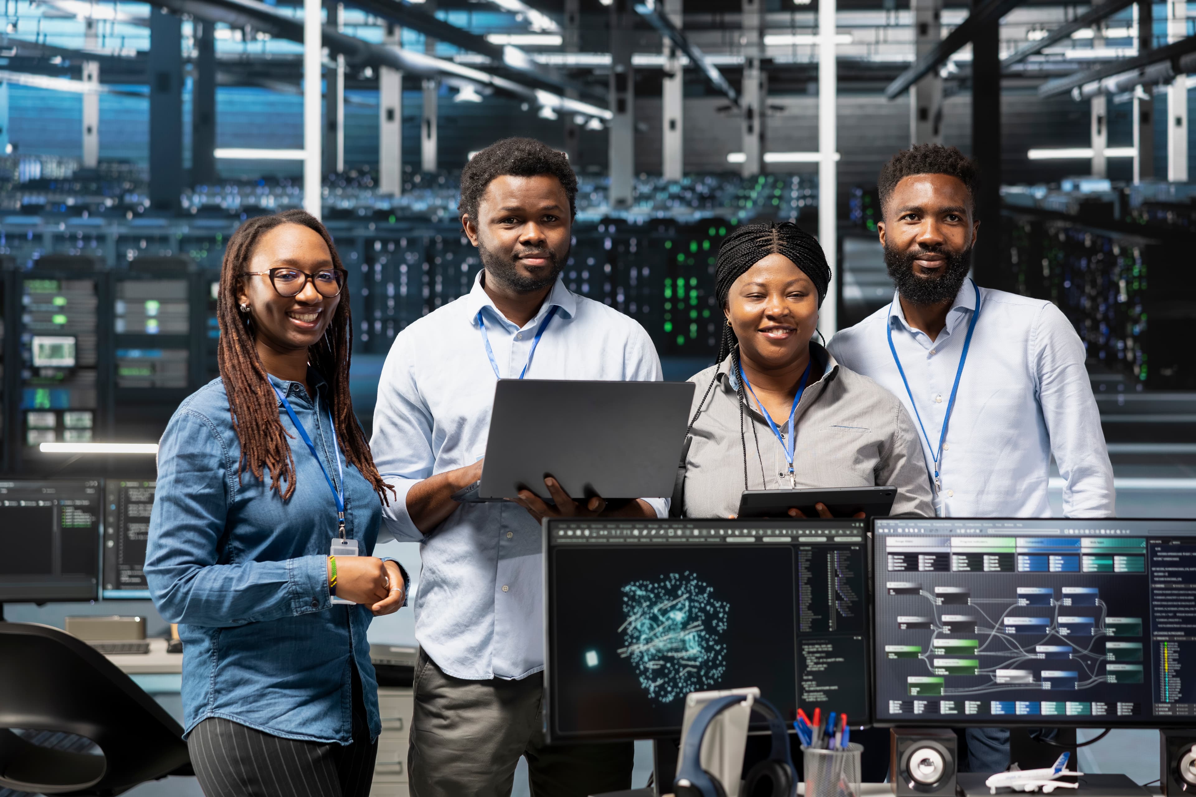 Four enterprise team members reviewing data visualisations across several monitors in a server room, one holding a laptop and another a tablet