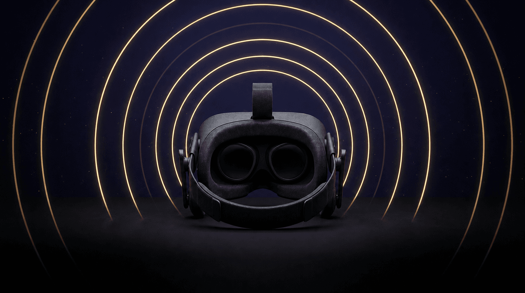 An unworn VR headset resting in darkness, concentric rings of warm golden light radiating outward from it into a dark, softly lit void