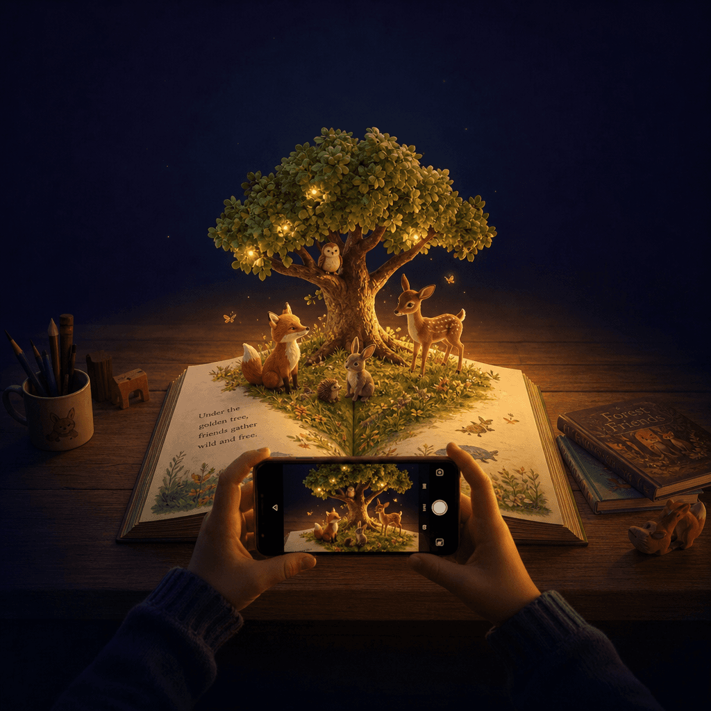 Hands holding a phone over an open picture book while a small 3D forest scene with a tree, a fox and a deer rises off the page in warm golden light