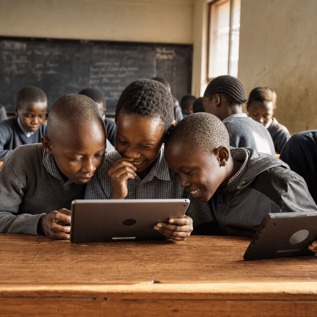 Three students sharing a tablet at a wooden desk in a real classroom, laughing together, with a chalkboard and warm window light behind them